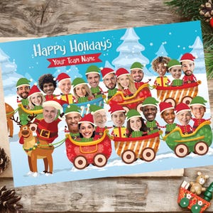 Grappige kerstwenskaart met foto, elfen in trein kerstkaart familie of bedrijf, grappige familie- of teamprintkaart met gezichten, digitaal bestand
