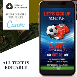 Fußball-Geburtstagseinladung, Fußball-elektronische Party einladen, Fußball bearbeitbare Canva-Vorlage, Telefontext Evite, sofortiger Download