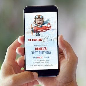 Pilot Birthday Video, Airplane Face Electronic Invitation, Red Aviator Editable Template, DIY Photo Plane Party Evite Digital Download 3557