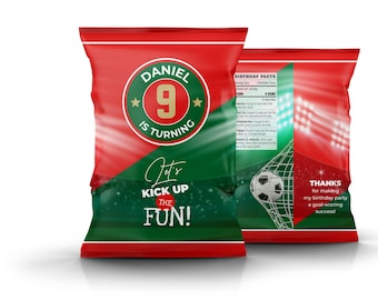 May include: Red and green chip bag with a soccer theme. It says "Daniel is turning 9" and "Let's Kick Up The Fun!"