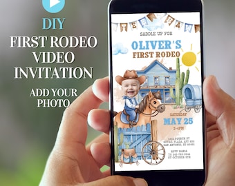 May include: A smartphone displays a rodeo-themed invitation. The invitation features a cartoon illustration of a baby riding a horse, a house, a wagon, and a cactus. Text includes "Oliver's First Rodeo" and event details.