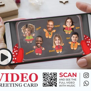 Weihnachtsvideo Grußkarte mit Mitarbeiterfotos, Feiertagskarte der Firma, Visitenkarte mit Lebkuchenleuten, lustiges Video