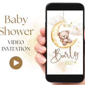 We Can BearlyWait Babyparty Videoeinladung, neutrale Teddybär-Babyparty-Digital-Einladung, Wolken-Digital-Einladung Social Media BSH2