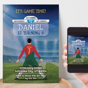 Faire-part d'anniversaire de football, invitation de fête de football Portugal, impression de modèle de toile modifiable et texte de téléphone Evite, téléchargement immédiat