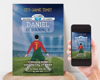Soccer Birthday Invitation, Soccer Portugal Party Invite, Editable Canva Template Print and Phone Text Evite, Instant Download