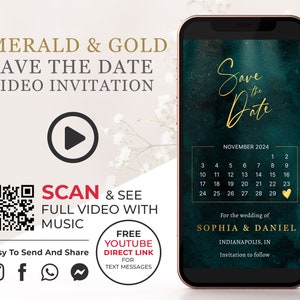 Emerald Gold Save the Date Video Invitation, Sparkly Animated Wedding Invite with Calendar, Birthday Digital Video Invitation in Green W1