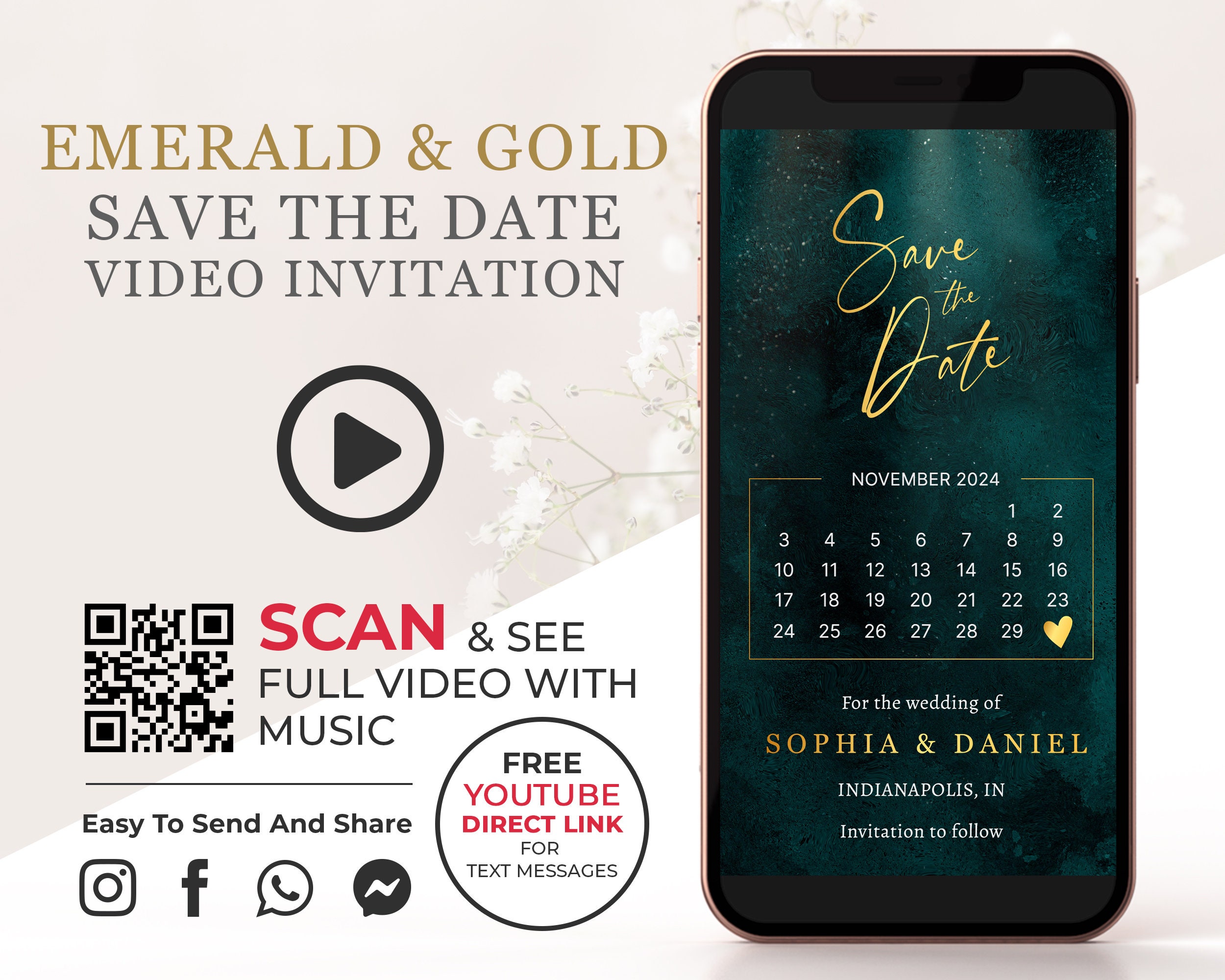 Smaragd Gold Save the Date Video Einladung, Glitzernde animierte Hochzeitseinladung mit Kalender, Geburtstag Digitale Video Einladung in Grün W1