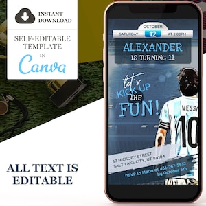 Soccer Birthday Invitation, Argentina Soccer Digital Party Invite, Football Editable Canva Template, Phone Text Evite, Instant Download