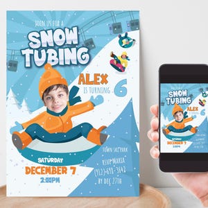 Invitación de cumpleaños para hacer tubing en la nieve con tu foto, invitación de cumpleaños para cualquier edad con nieve en invierno, invitación para fiesta de tubing en la pista, archivo digital P1