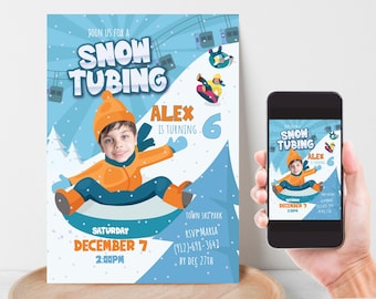 Invitación de cumpleaños para tubing en la nieve con tu foto, invitación de cumpleaños para cualquier edad, invitación para fiesta de tubing en la pista, archivo digital P1