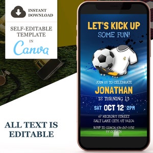 Soccer Birthday Invitation, Soccer Fans Electronic Party Invite, Football Editable Canva Template, Phone Text Evite, Instant Download