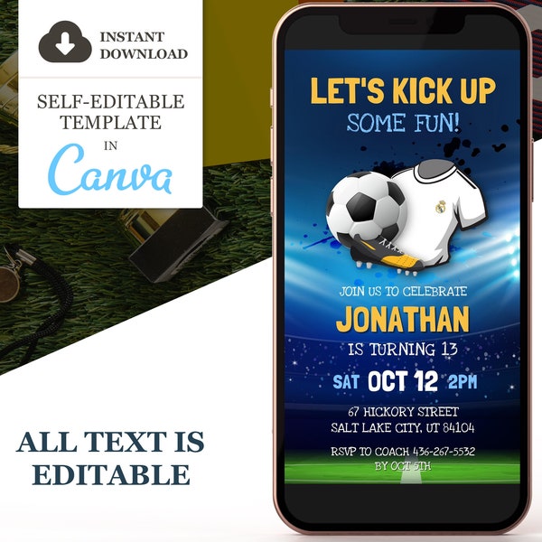 Soccer Birthday Invitation, Soccer Fans Electronic Party Invite, Football Editable Canva Template, Phone Text Evite, Instant Download