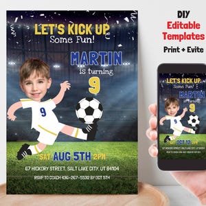 Modèle modifiable d'invitation d'anniversaire de football bricolage avec votre photo, impression de fête de joueur de football et Evite, texte personnalisé de fête de football commune Evite