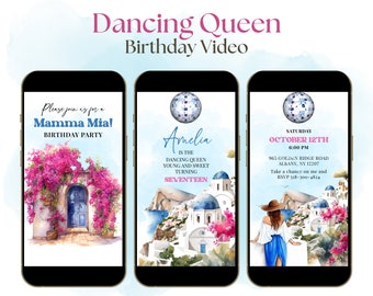 Dancing Queen Birthday Video Invitation, Mamma Mia Birthday Video Invite, Bougainvillea Greece Theme Any Occasion Digital Invite, BSH1