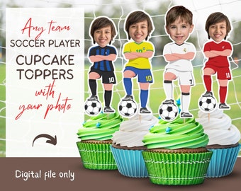 Any Team Soccer Player Cupcake Toppers with Photo, Soccer Birthday Cupcake Toppers, Football Toppers, Printable Topper, Digital File