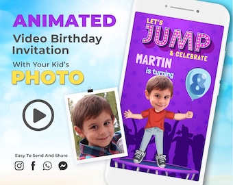 Kids Party E Invite, Jump Birthday Video Invitation, Trampoline Invites for Boys Birthday, Custom Photo Animated Character Digital Invite K1