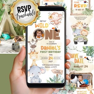 May include: A smartphone displaying a digital invitation for a first birthday party. The invitation features jungle animals, the text "He's a WILD ONE," and details including the date, time, and location. A gold RSVP badge is in the upper left corner.