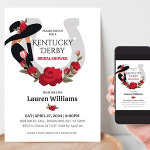 Kentucky Derby Bridal Shower Invitation, Derby Hat Party Editable Template, Red Roses Invitation, She is off to the Alter Template in Canva