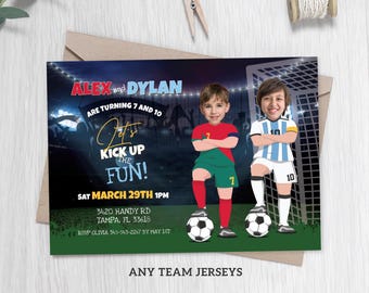 Sibling Soccer Birthday Invitation, Double Birthday Party Invite, Twins Boy & Girl Photo Football Card, Any Team Invite, Joint Celebration
