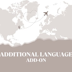May include: A world map with a dotted line showing a flight path from North America to Europe. The text "ADDITIONAL LANGUAGE ADD-ON" is at the bottom of the image.