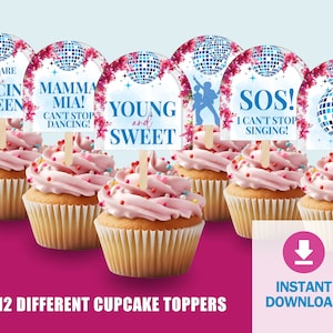 Dancing Queen Kuchendeckel, Mamma Mia Cupcake Topper, 1970er Jahre Disco Party Dekoration, Disco Geburtstag Cupcake Toppers, Instant Download