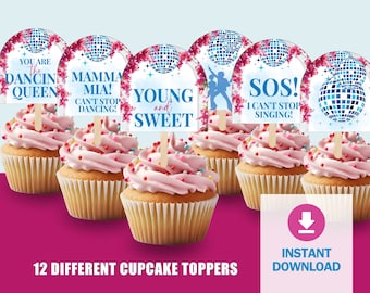 Topper per cupcake Dancing Queen, Topper per cupcake Mamma Mia, Decorazione per feste in discoteca anni '70, Topper per cupcake per compleanni in discoteca, Download immediato