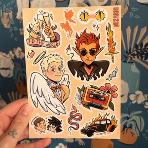 Good Omens Sticker Sheet, Cute + Durable Original Vinyl Crowley & Aziraphale Stickers, 5&quot;x7&quot; Sticker Sheet