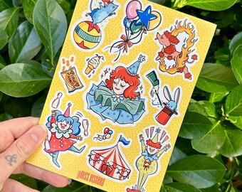Silly Circus Sticker Sheet, Original Clown Illustrations, Durable Vinyl 5"x7" Matte Sticker Sheet