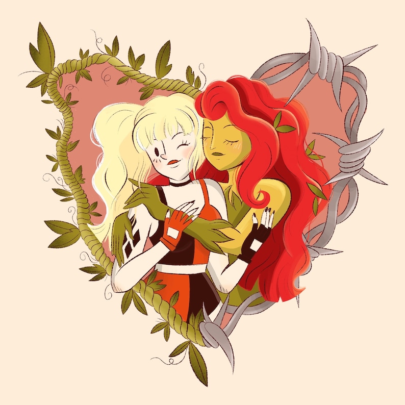 May include: Illustration of two female figures embracing within a heart-shaped frame of vines. One figure has blonde hair and wears a red and black outfit. The other has red hair and green skin. Barbed wire surrounds the heart.
