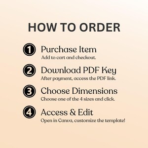 Puede incluir: Una gu&iacute;a de cuatro pasos sobre c&oacute;mo pedir un producto digital. Los pasos est&aacute;n numerados del 1 al 4 e incluyen: Comprar art&iacute;culo, Descargar clave PDF, Elegir dimensiones y Acceder y editar. Los pasos est&aacute;n escritos en texto negro sobre un fondo melocot&oacute;n.
