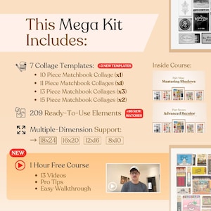 Puede incluir: Una lista de productos digitales para un kit de collage de libretas de cerillas. El kit incluye 7 plantillas de collage, 209 elementos listos para usar y un curso gratuito de una hora. La imagen muestra una variedad de collages de libretas de cerillas, incluyendo un collage con la palabra "BOOTH" en &eacute;l.