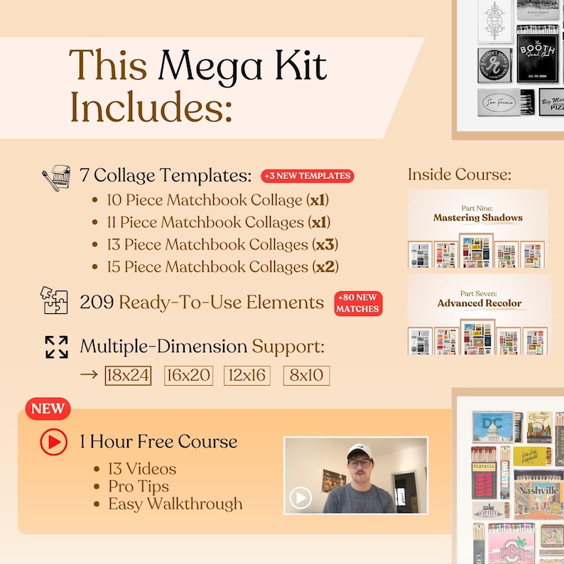 Puede incluir: Una lista de productos digitales para un kit de collage de libretas de cerillas. El kit incluye 7 plantillas de collage, 209 elementos listos para usar y un curso gratuito de una hora. La imagen muestra una variedad de collages de libretas de cerillas, incluyendo un collage con la palabra "BOOTH" en &eacute;l.