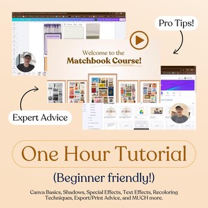 Puede incluir: Una captura de pantalla de una computadora que muestra un tutorial de una hora sobre c&oacute;mo crear portadas de librillos de cerillas usando Canva. El tutorial es amigable para principiantes y cubre temas como los conceptos b&aacute;sicos de Canva, sombras, efectos especiales, efectos de texto, t&eacute;cnicas de recoloraci&oacute;n, consejos de exportaci&oacute;n/impresi&oacute;n y mucho m&aacute;s.