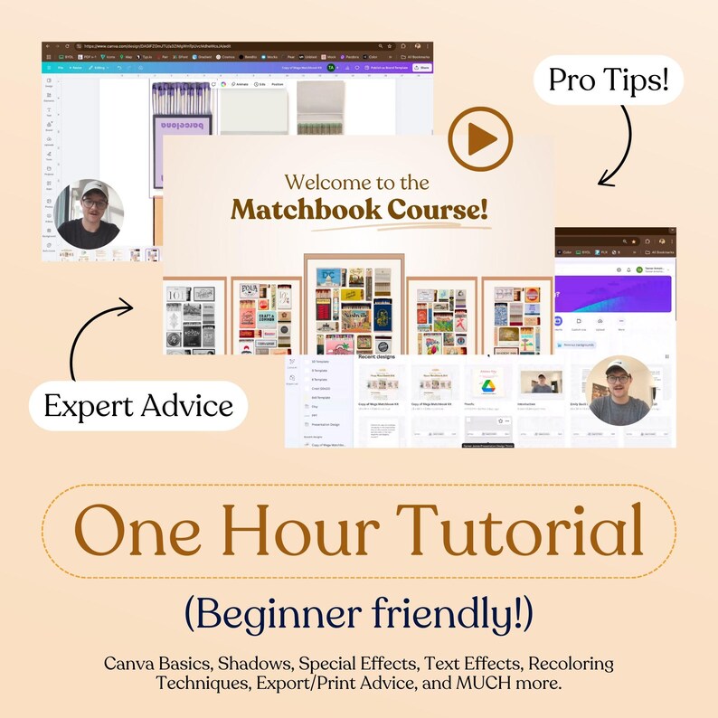 Puede incluir: Una captura de pantalla de una computadora que muestra un tutorial de una hora sobre c&oacute;mo crear portadas de librillos de cerillas usando Canva. El tutorial es amigable para principiantes y cubre temas como los conceptos b&aacute;sicos de Canva, sombras, efectos especiales, efectos de texto, t&eacute;cnicas de recoloraci&oacute;n, consejos de exportaci&oacute;n/impresi&oacute;n y mucho m&aacute;s.