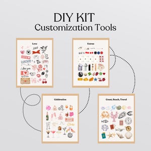 Puede incluir: Kit de personalizaci&oacute;n DIY con cuatro categor&iacute;as: Amor, Extras, Celebraci&oacute;n y Costa, Playa, Viajes. Cada categor&iacute;a presenta una variedad de ilustraciones coloridas.