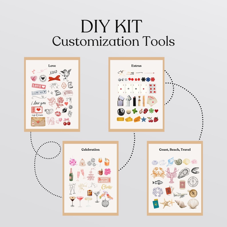 Puede incluir: Kit de personalizaci&oacute;n DIY con cuatro categor&iacute;as: Amor, Extras, Celebraci&oacute;n y Costa, Playa, Viajes. Cada categor&iacute;a presenta una variedad de ilustraciones coloridas.
