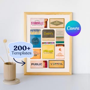Peut inclure: Une impression encadrée présentant divers modèles d'allumettes vintage. Les boîtes d'allumettes affichent des textes tels que "Starkville", "Cindy's" et "Flora-Bama". L'impression comprend également le texte "200+ Templates" et le logo Canva.