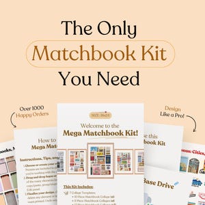 Puede incluir: Una lista de productos digitales para un kit Mega Matchbook, que presenta un collage de portadas de cajas de cerillas con varios dise&ntilde;os. El kit incluye 7 plantillas de collage, 10 collages de cajas de cerillas y 11 collages de cajas de cerillas. El texto "&iexcl;Bienvenido al kit Mega Matchbook!" se muestra en un cuadro marr&oacute;n con un borde blanco. El texto "Este kit incluye:" se muestra en un cuadro marr&oacute;n con un borde blanco. El texto "&iexcl;Dise&ntilde;a como un profesional!" se muestra en un cuadro marr&oacute;n con un borde blanco. El texto "Base Drive" se muestra en un cuadro marr&oacute;n con un borde blanco. El texto "Bonus: Ciudades, Dalles, Denver" se muestra en un cuadro marr&oacute;n con un borde blanco.