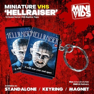 Miniatura de Hellraiser MiniVids: VHS de terror en miniatura / Llavero / Imán / Exhibidor de VHS / Regalo de terror / Coleccionable / VHS de terror / Vídeo de terror