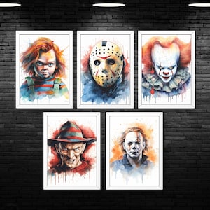 Horror Icons Water Colour / Freddy Krueger / Michael Myers / Chucky / Jason Vorhees / Horror Art / Wall Art / Home Decor / Art Print