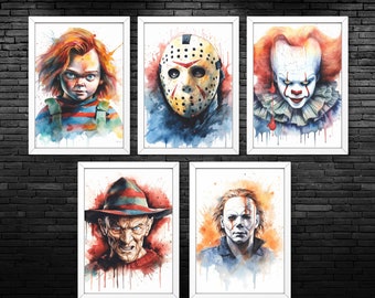 Horror Icons Water Colour / Freddy Krueger / Michael Myers / Chucky / Jason Vorhees / Horror Art / Wall Art / Home Decor / Art Print