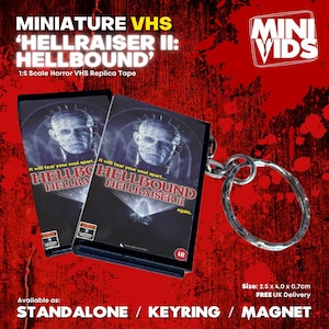 Hellraiser II: Hellbound MiniVids Miniatura de VHS de Terror / Chaveiro / Ímã / Expositor de VHS / Presente de Terror / Colecionável / VHS de Terror / Pinhead