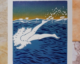 Salto - Impression linogravure Originale en édition limitée - Les pieds dans l'eau au coucher du soleil - Format A4 (21x29,7cm)