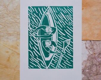 Décoration murale - Pescadores Vert - Linogravure artisanale - 21x29,7 cm - Impression faite à la main, limitée, numérotée et signée