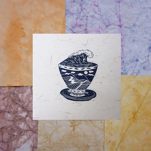 Wave poster decoration - Wulong - Original linocut - 20 x 20 cm - Handmade print, numbered and signed