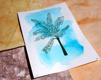 Décoration affiche plante - Bananera Bleu - Linogravure artisanale - 14,8x21cm - Impression à la main, limitée, numérotée et signée