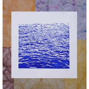 Wellen-Plakatdekoration - Ondine - Original-Linolschnitt - 20 x 20 cm - Handgefertigter Druck, nummeriert und signiert