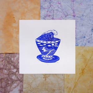 Wave poster decoration - Wulong - Original linocut - 20 x 20 cm - Handmade print, numbered and signed