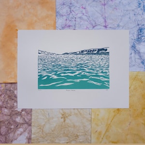 Buena Onda - Decoración cartel ola - Linograbado hecho a mano - 21 x 29,7 cm - Impreso a mano, limitado, numerado y firmado