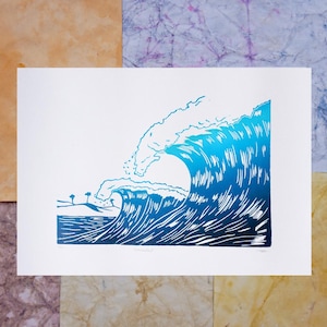 Wave poster decoration - Hermanitas - Handmade linocut - 21 x 29.7 cm - Hand-printed, limited and signed